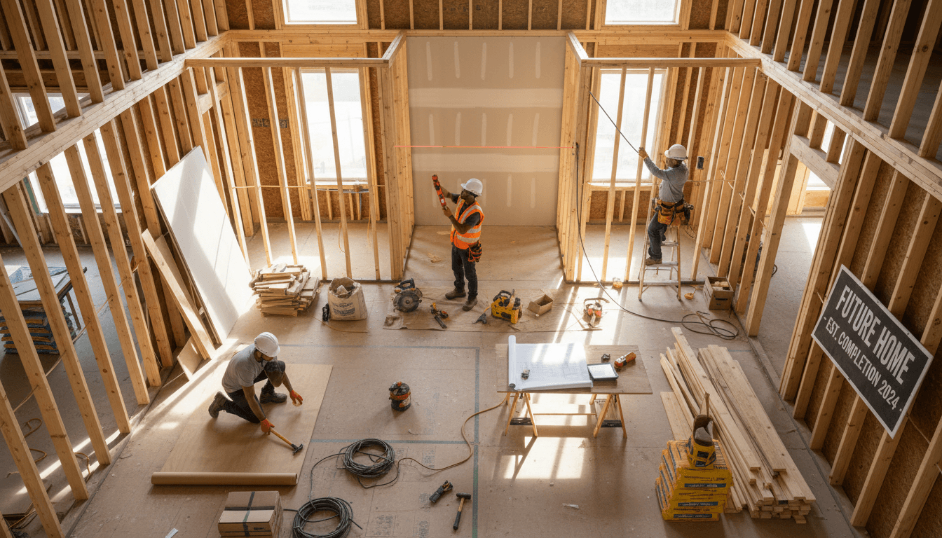 Diverse construction team actively working on interior home renovation with exposed framing, electrical systems, and flooring materials visible