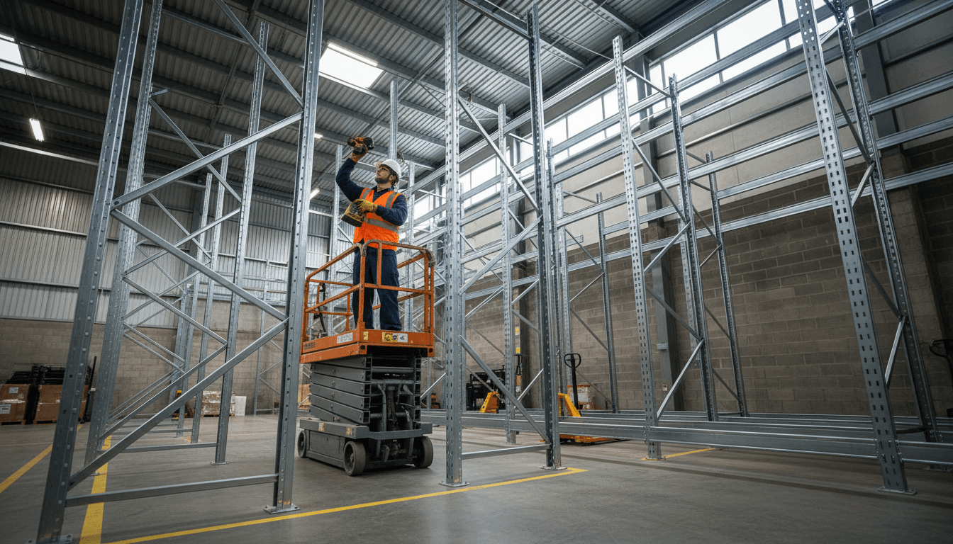Technician in safety gear installing metal racking system, viewed from below to show warehouse height and scale
