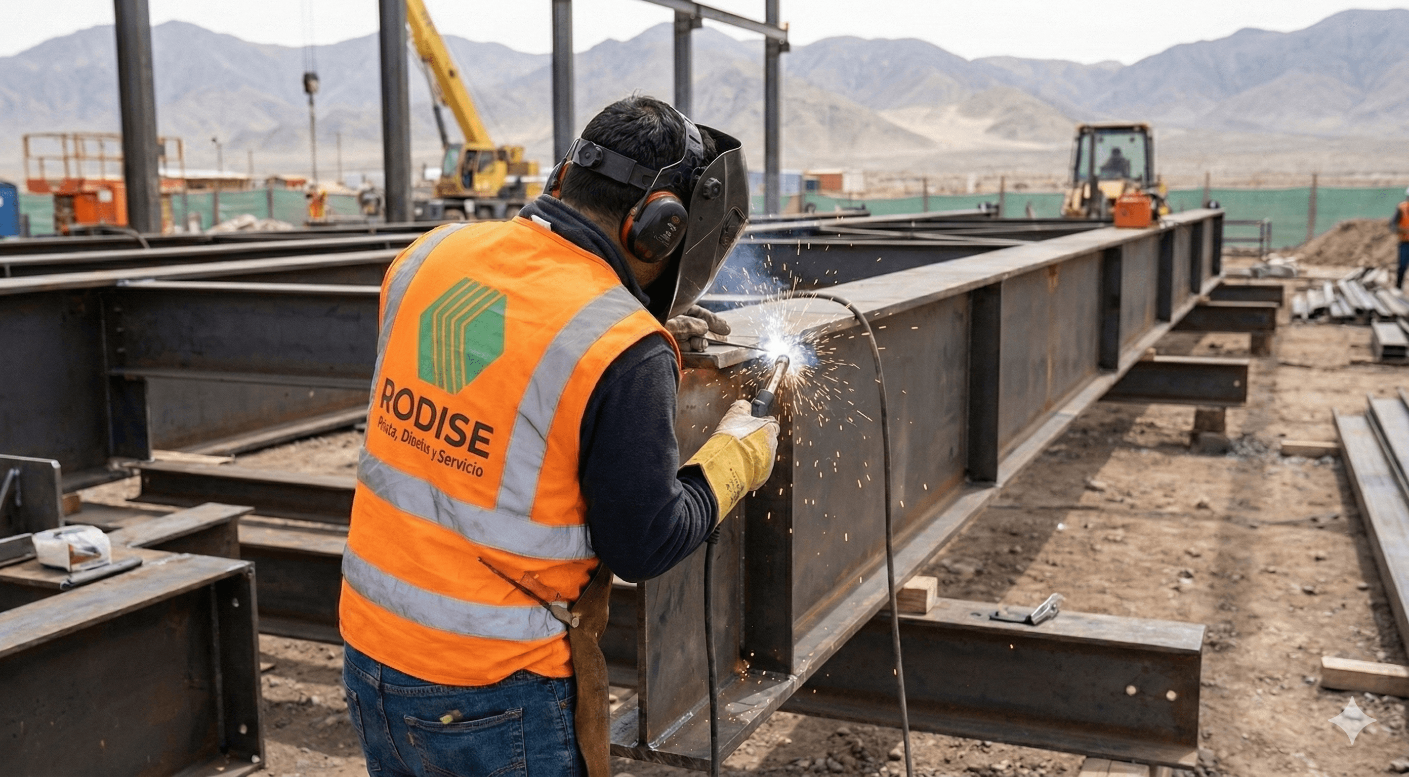 Welder in safety gear joins steel beams at a desert construction site with flying sparks.