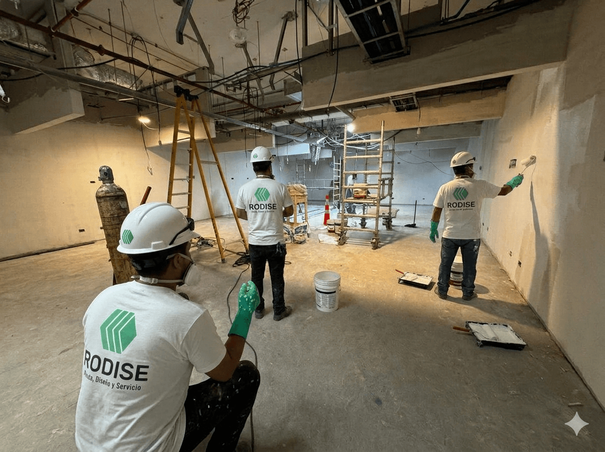 Three construction workers in white hard hats and branded shirts painting an unfinished interior room.